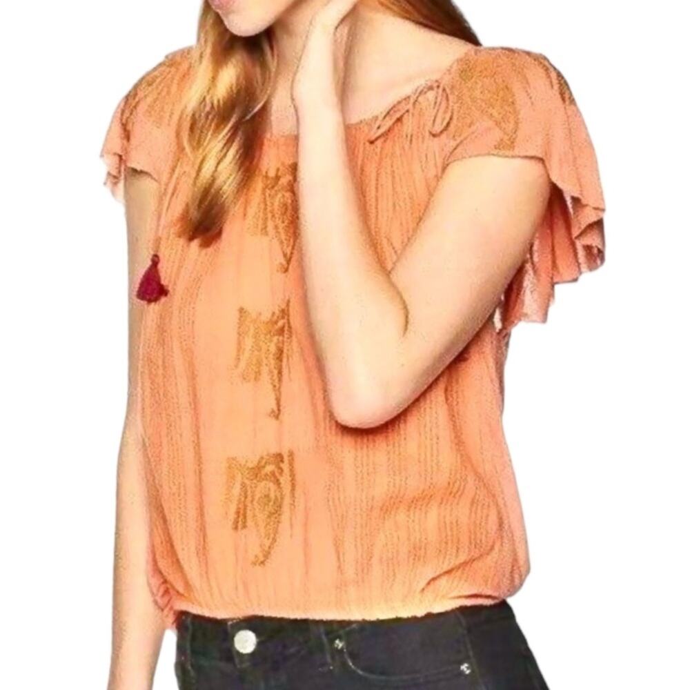 Free People Embroidered Peasant Top in Coral (Orange) with Gold & Burgundy XS - Picture 7 of 8